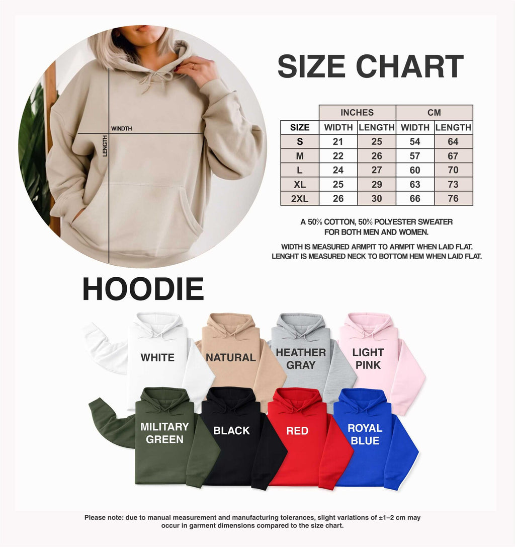 Adult hoodie size guide with measurements in inches and centimeters and garment color chart.